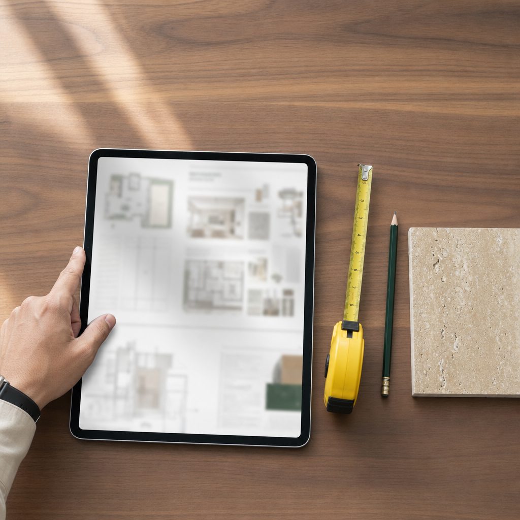 Renovation planning: floor-plans on a tablet with tape and a stone sample (illustrative)