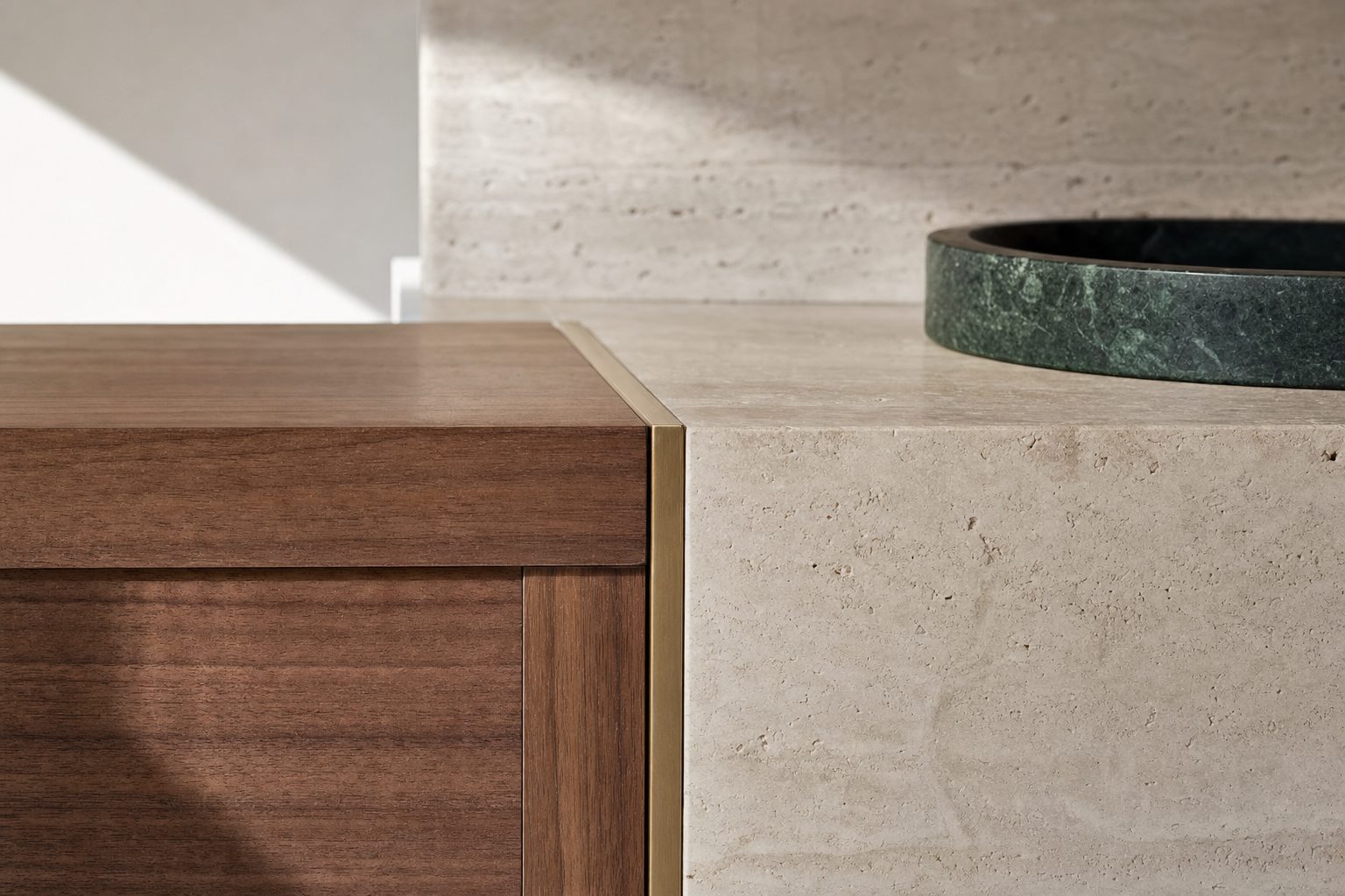 Precise stone, walnut and brass finish detail (illustrative)