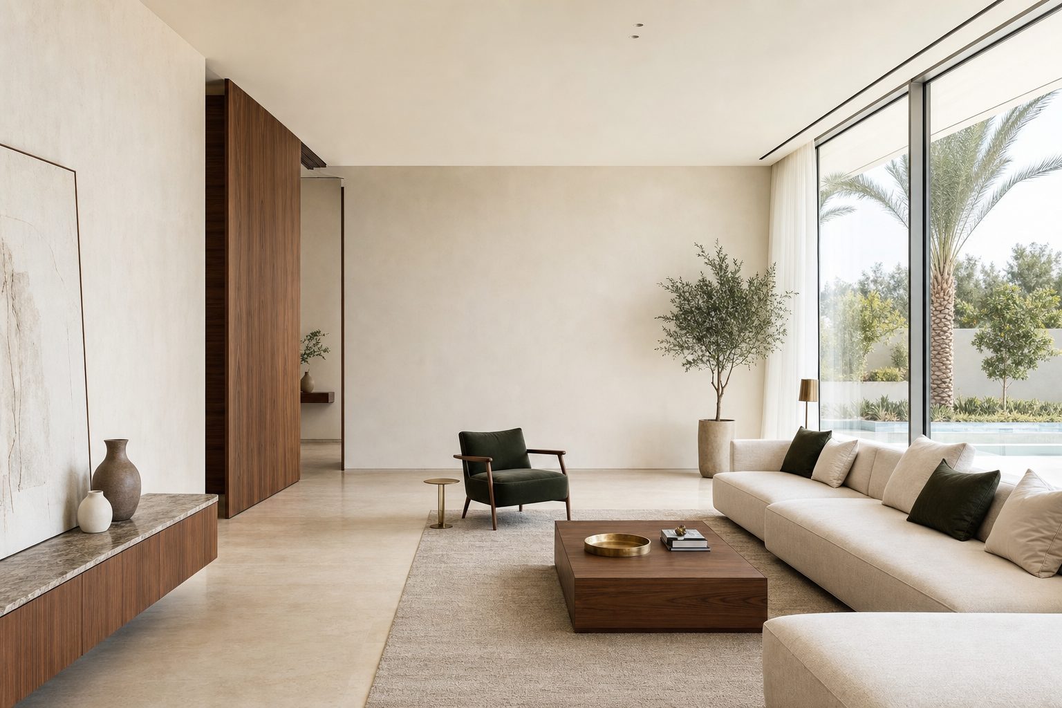 Bright, freshly renovated modern Dubai villa living room (illustrative)