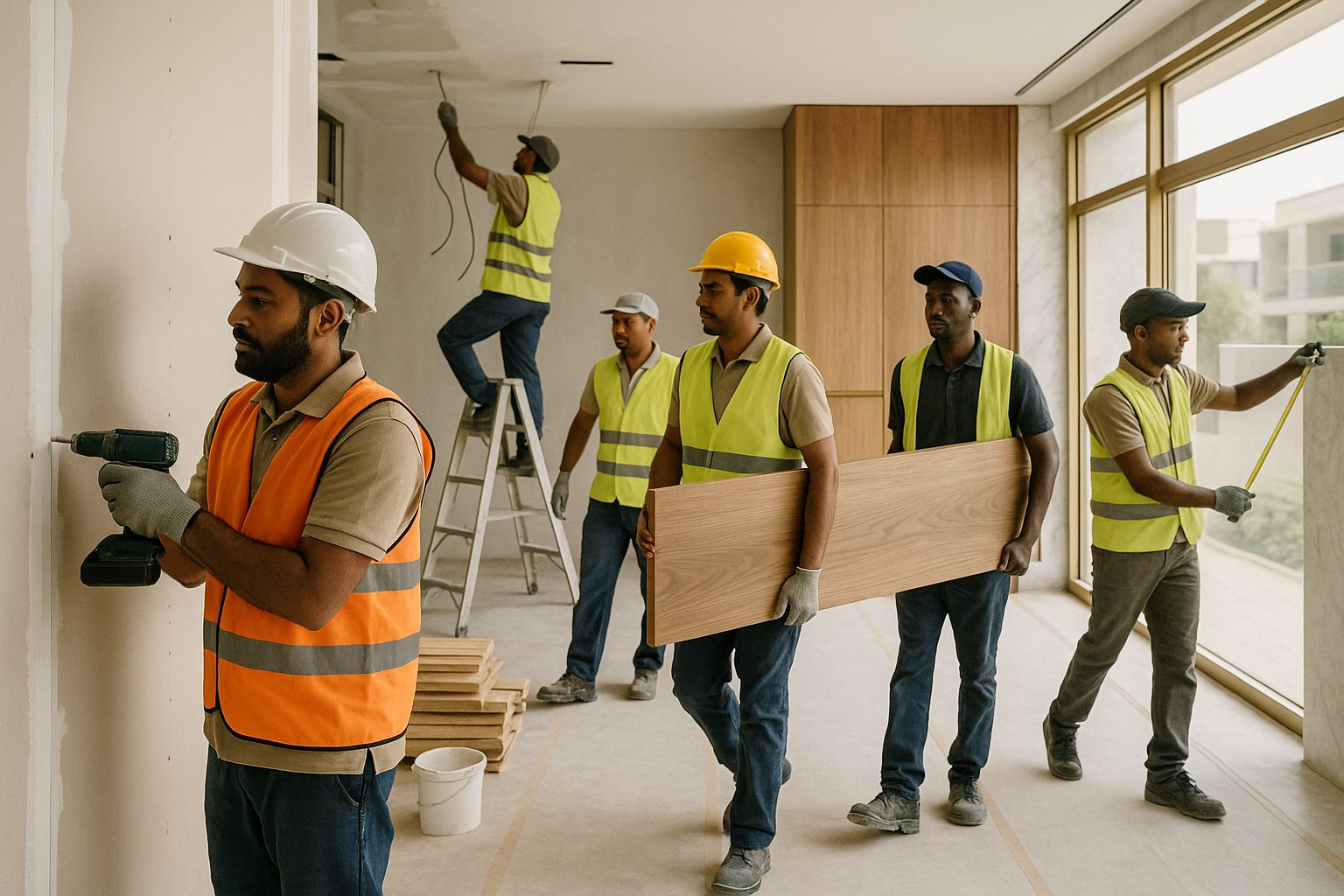 A diverse fit-out crew installing partitions and joinery in a bright Dubai villa renovation (illustrative)