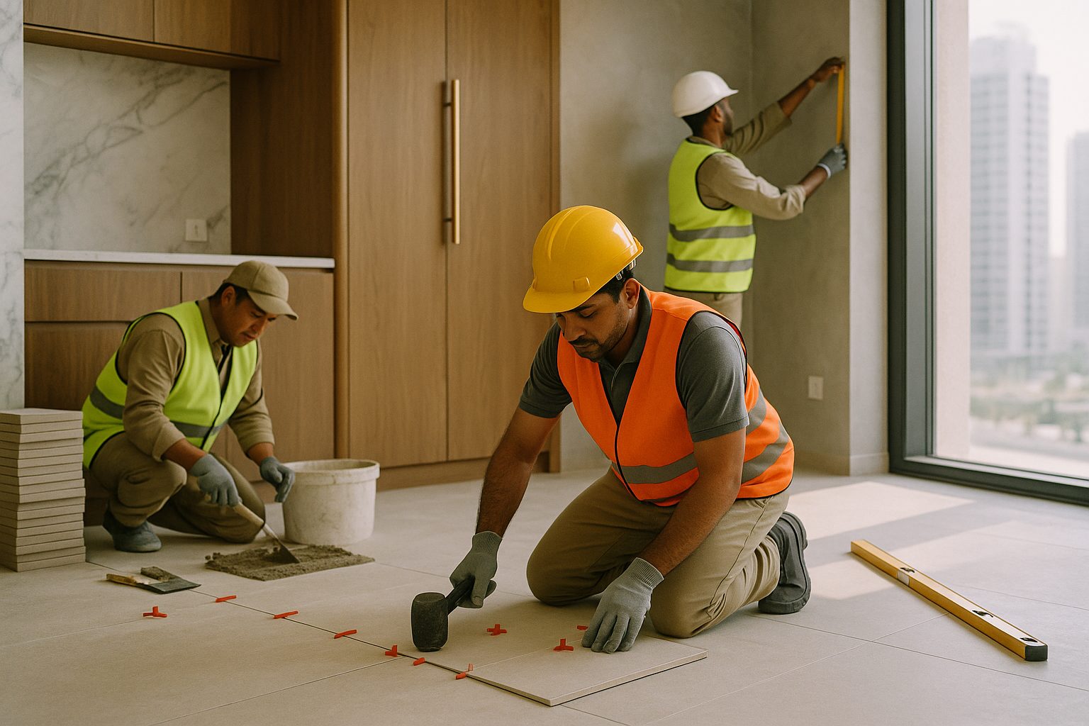 A fit-out crew laying large-format floor tiles in a bright Dubai apartment renovation (illustrative)