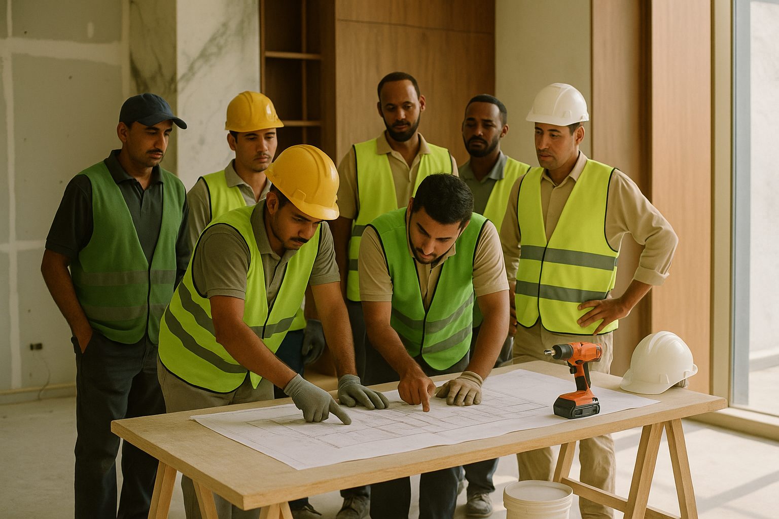A fit-out crew reviewing a floor-plan together on a Dubai renovation site (illustrative)