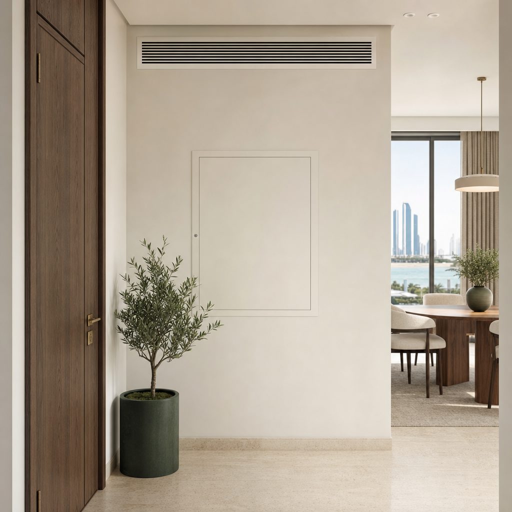 Tidy finished utility and air-conditioning detail (illustrative)