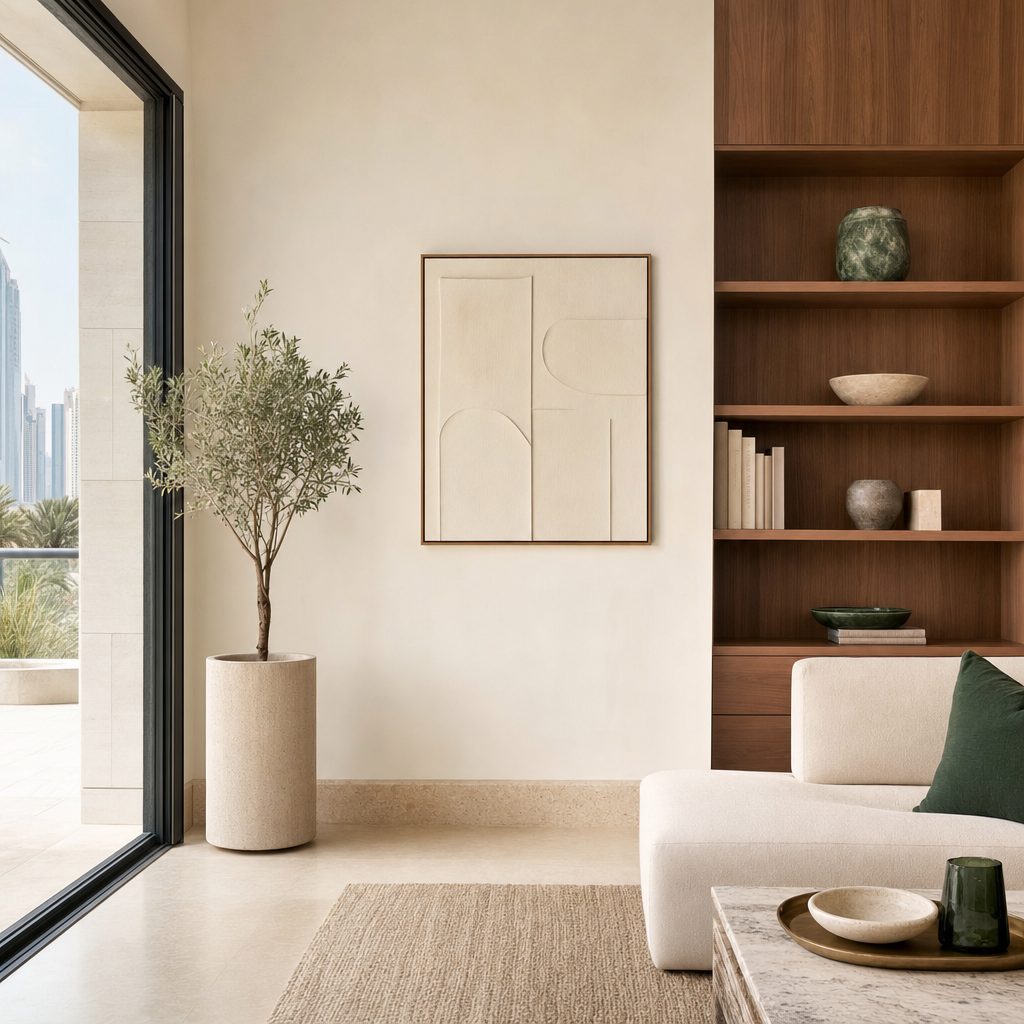 Calm finished living space in a Dubai home (illustrative)