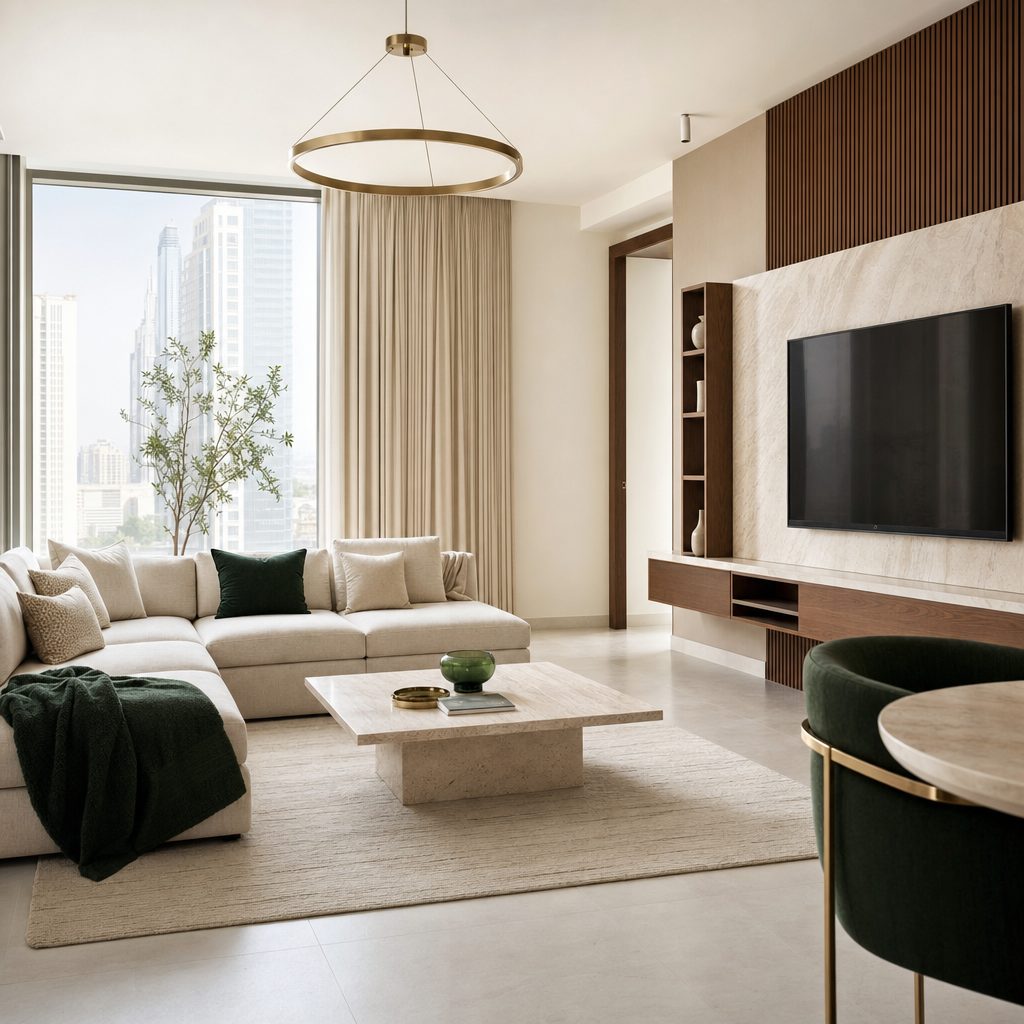 Newly renovated bright Dubai apartment living space (illustrative)