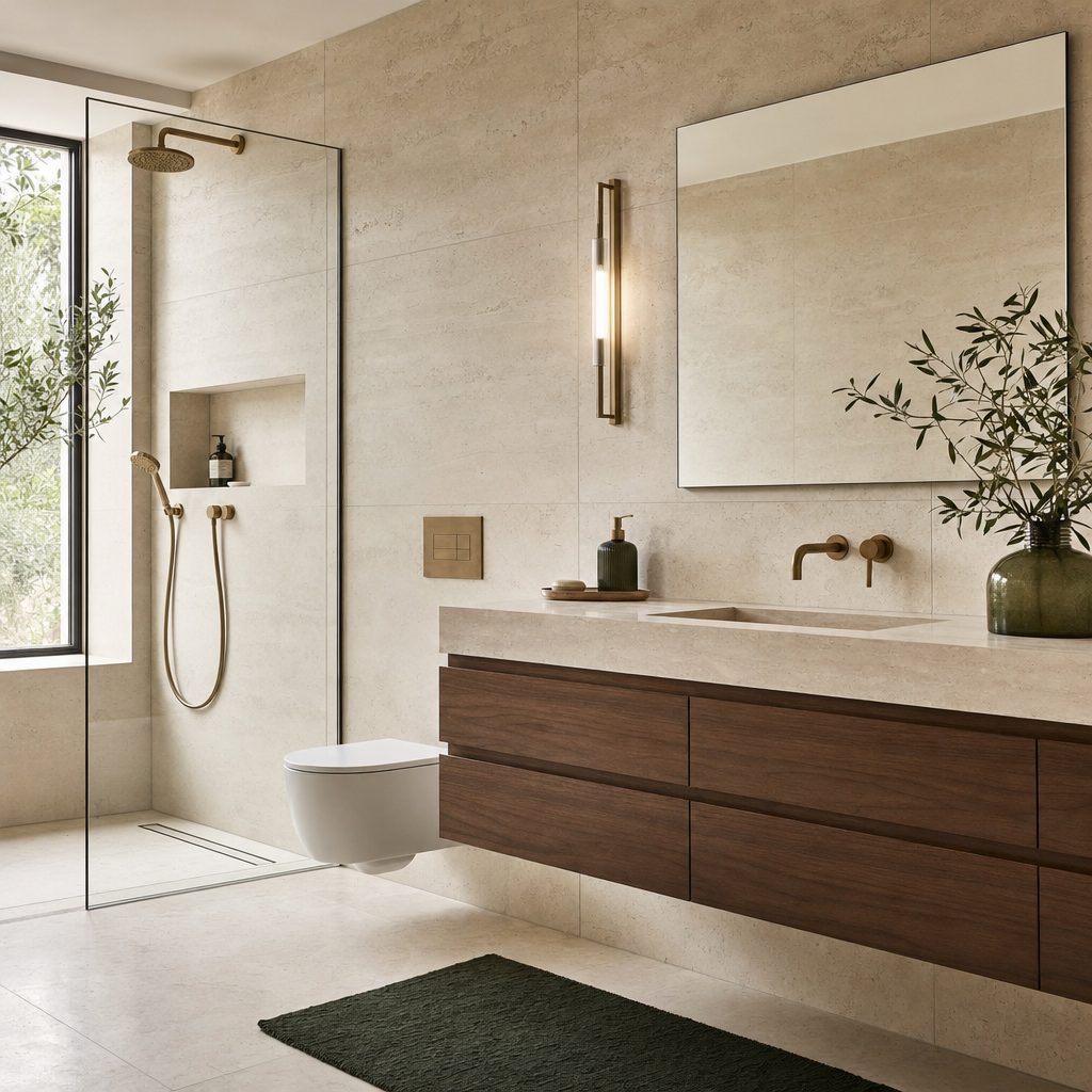 Finished premium Dubai bathroom in natural stone (illustrative)