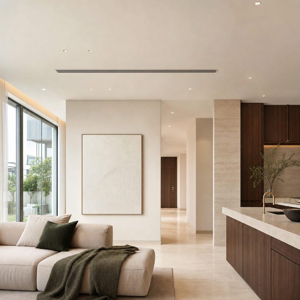 Clean finished ceiling services, lighting and AC grille (illustrative)