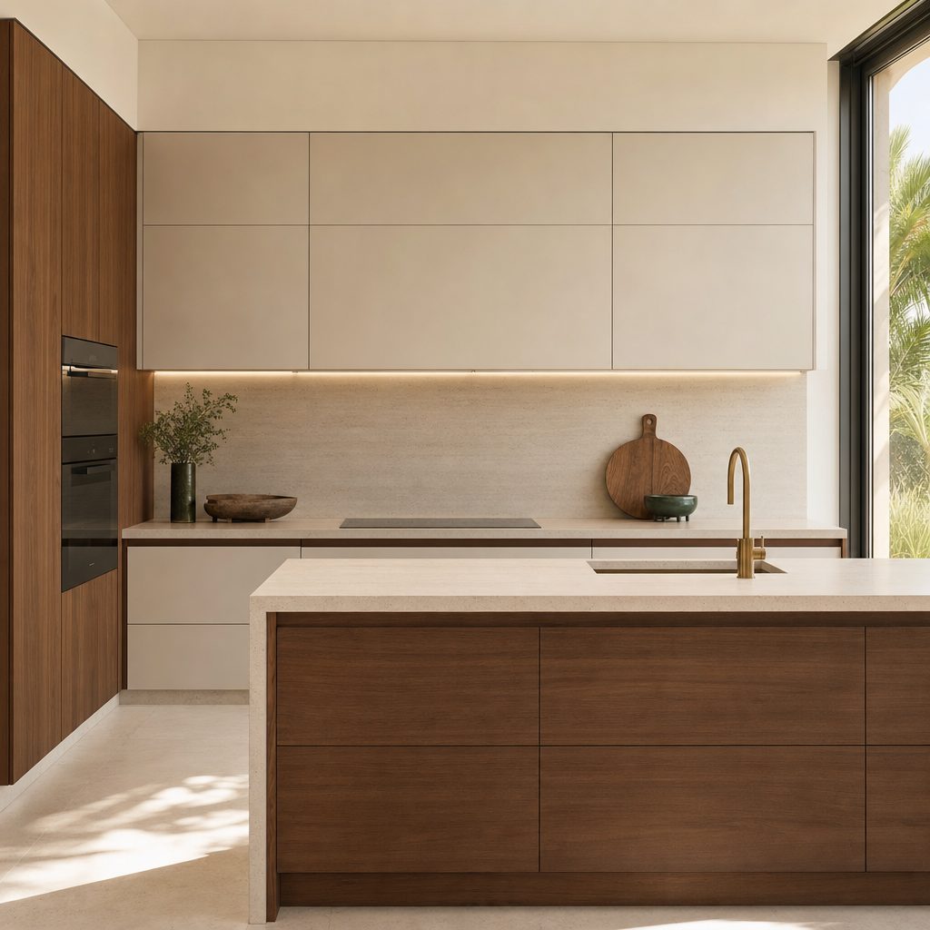 Finished bespoke walnut kitchen in a Dubai home (illustrative)